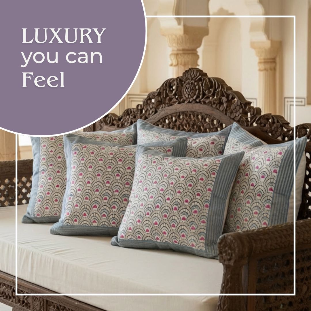 South Cotton Block Printed Cushion Covers with Blue Border Panel (Set of 2)