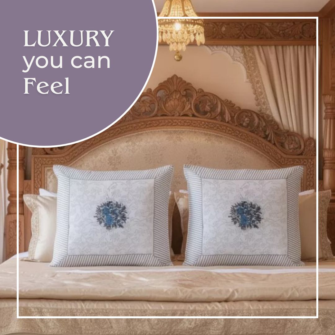 Block Printed Cotton Cushion Covers with Central Floral Motif (Set of 2)