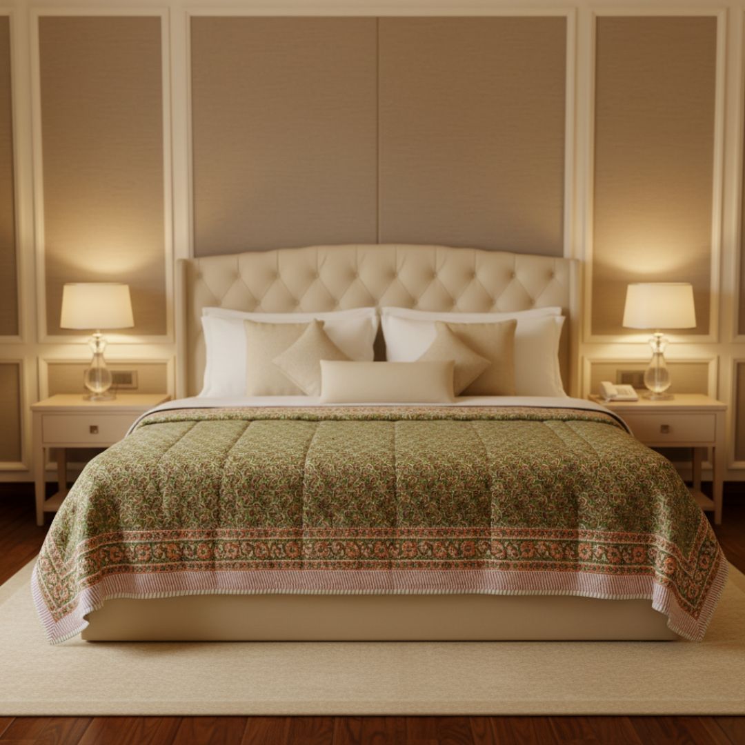 Double Double-Sided Block Printed Cotton Comforter with Tree and Border Motifs