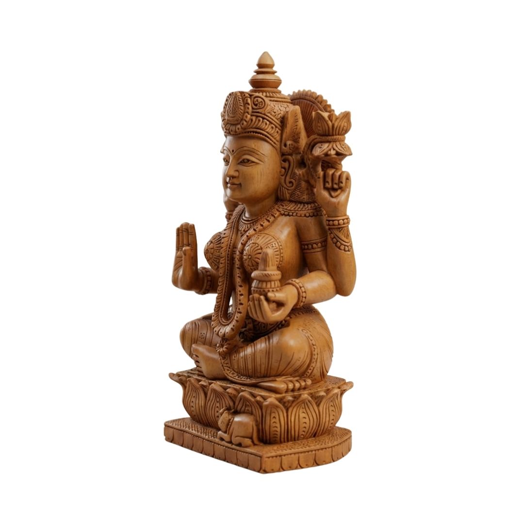 Lakshmi Mata Wooden Sculpture Sitting on Lotus with Kalash and Blessing Mudra