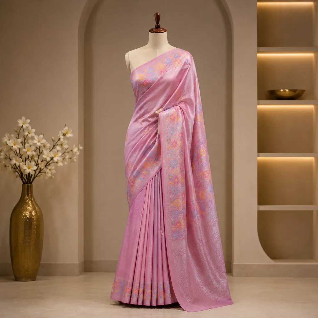 Graceful Handwoven Pink Paithani Silk Linen Saree with All-Over Butti & Blouse Piece