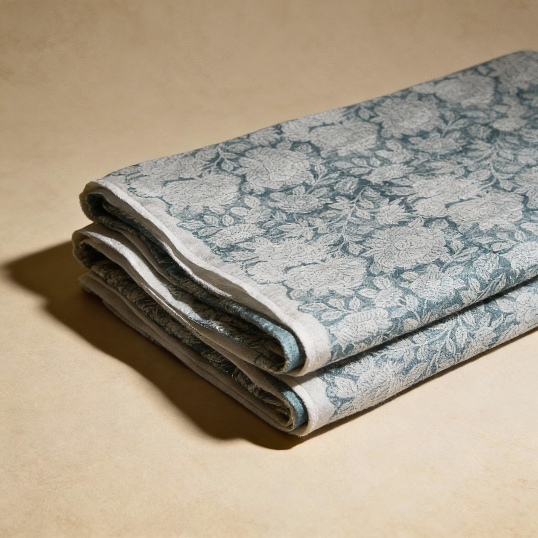 Single-Sided Block Printed Mal Cotton Fabric in Blue Floral Motif