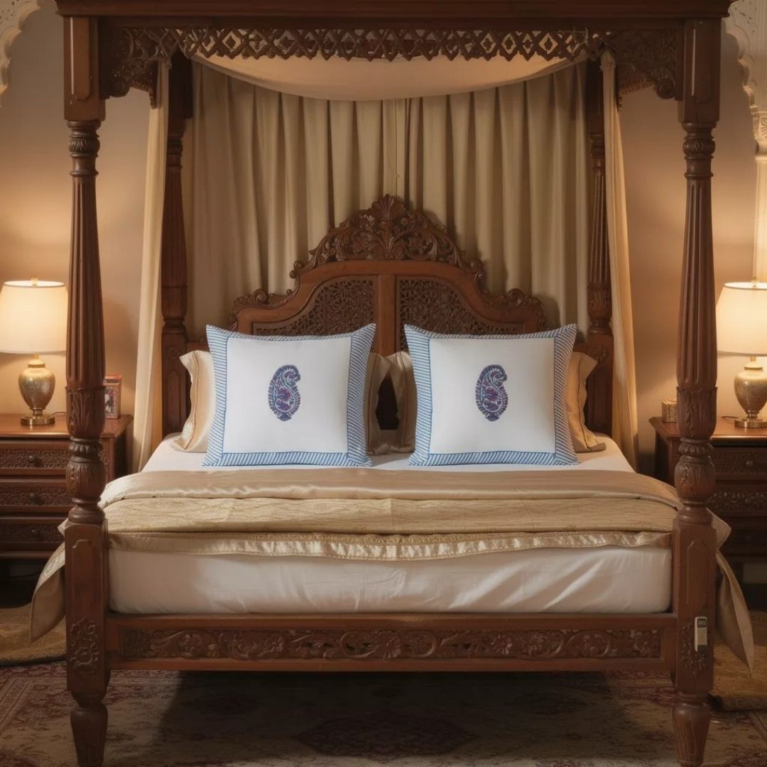 Block Printed South Cotton Cushion Cover with Blue Border and Central Motif 