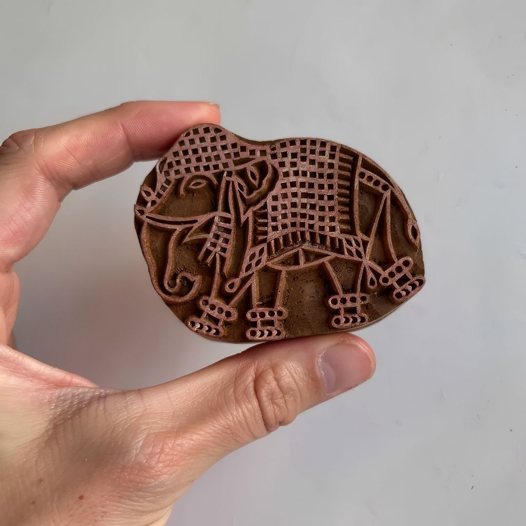 Hand-Carved Gurjan Wood Printing Block with Narrative Village Elephant Motif