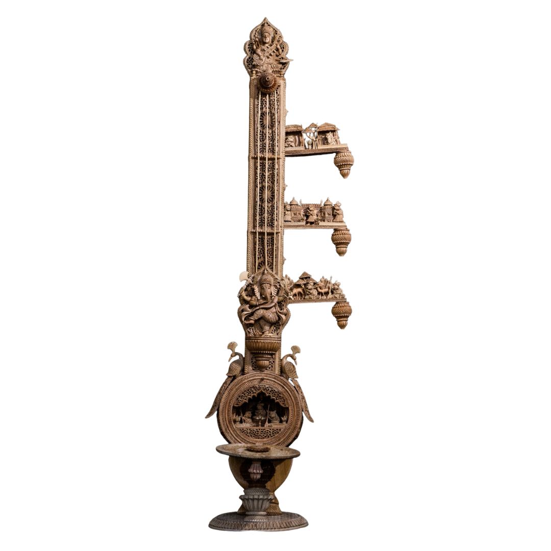 Pure Sandalwood Divine Veena Sculpture with Ornate Carving