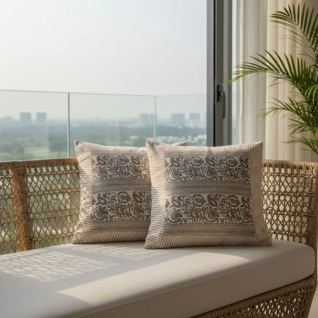 South Cotton Block Printed Cushion Covers with All-Over Pattern & Detailed Border (Set of 2)