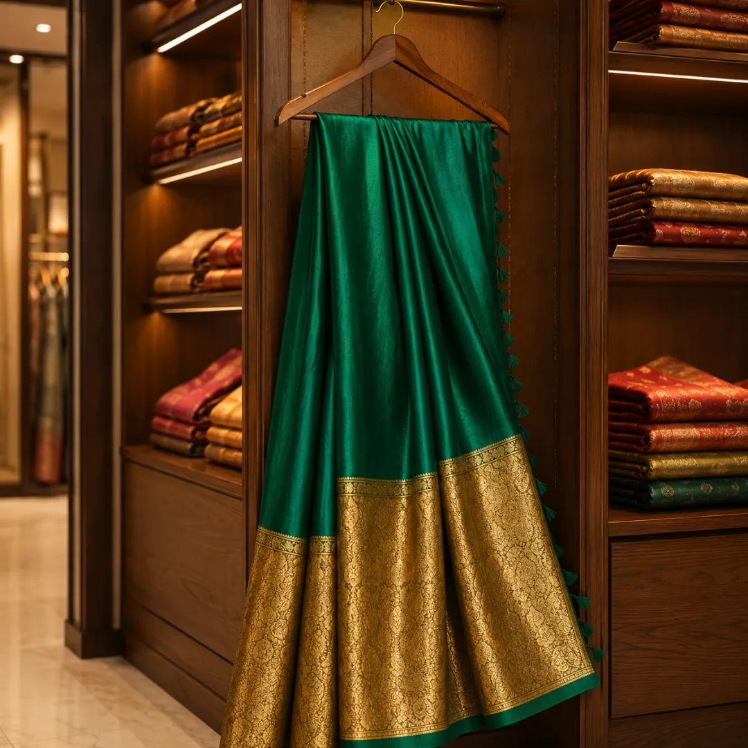 Handcrafted Dark Green Maslin Organza Saree with Golden Zari Border & Matching Blouse Piece – Free Size Elegance