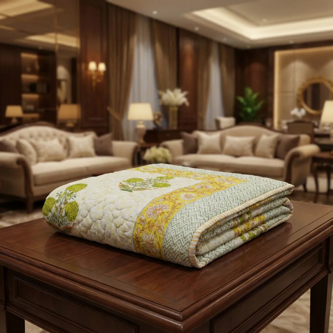 Single Double-Sided Block Printed Cotton Comforter in Yellow Green Floral Pattern