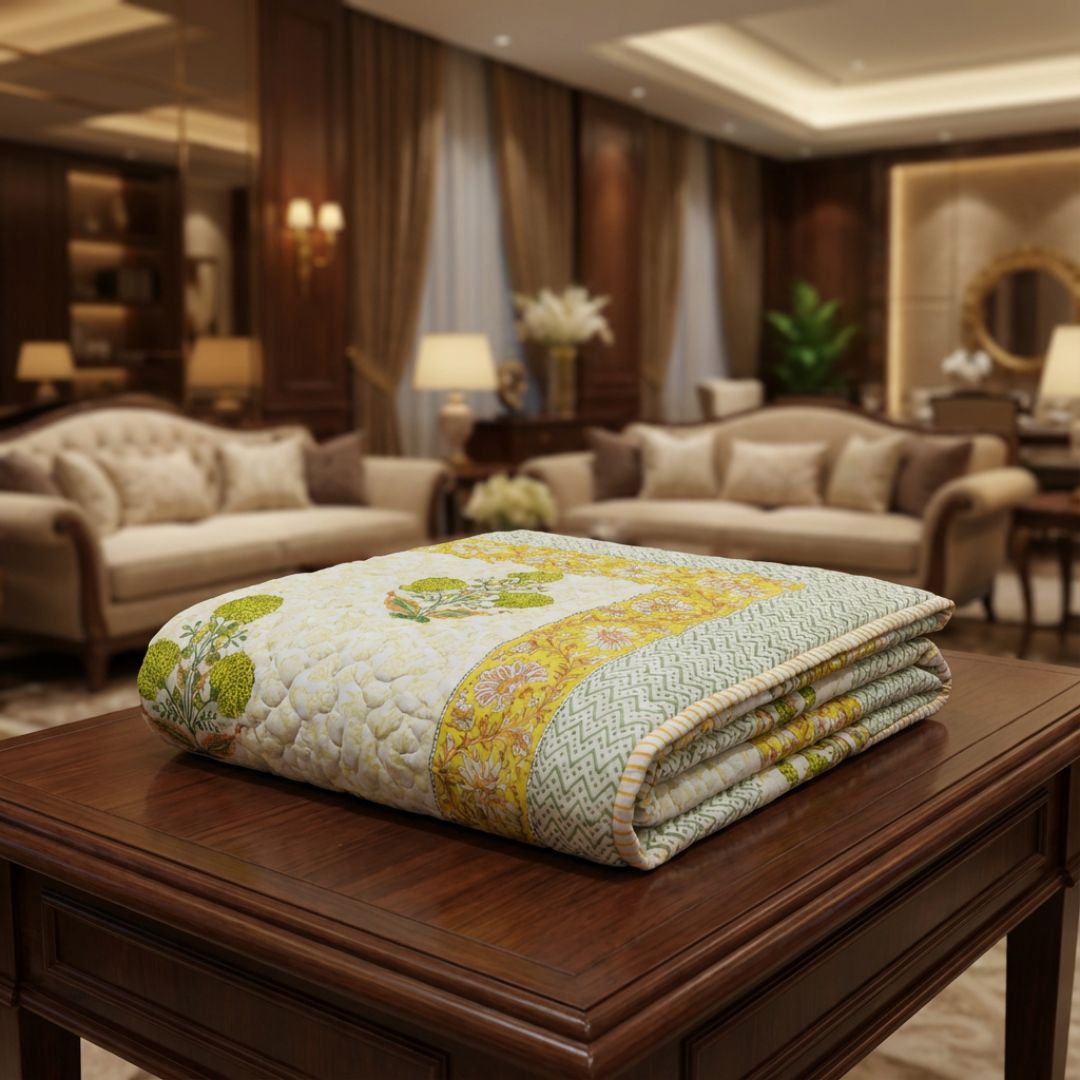 Single Double-Sided Block Printed Cotton Comforter in Yellow Green Floral Pattern