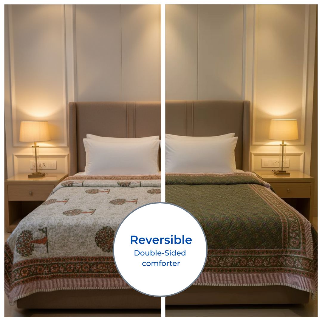 Double Double-Sided Block Printed Cotton Comforter with Tree and Border Motifs