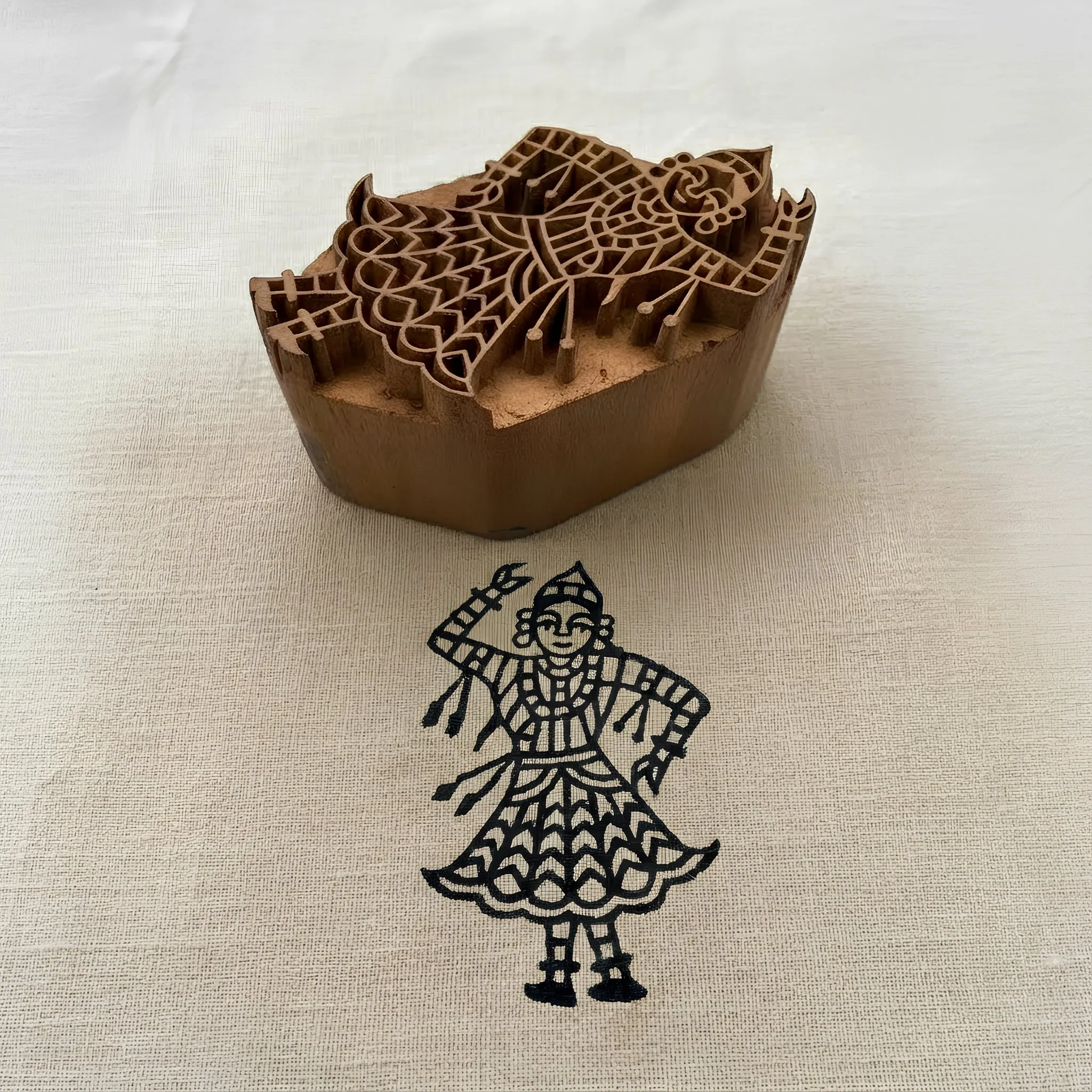 Handcrafted Gurjan Wood Block Pair with Dancing Woman Motif for Textile & Craft Printing