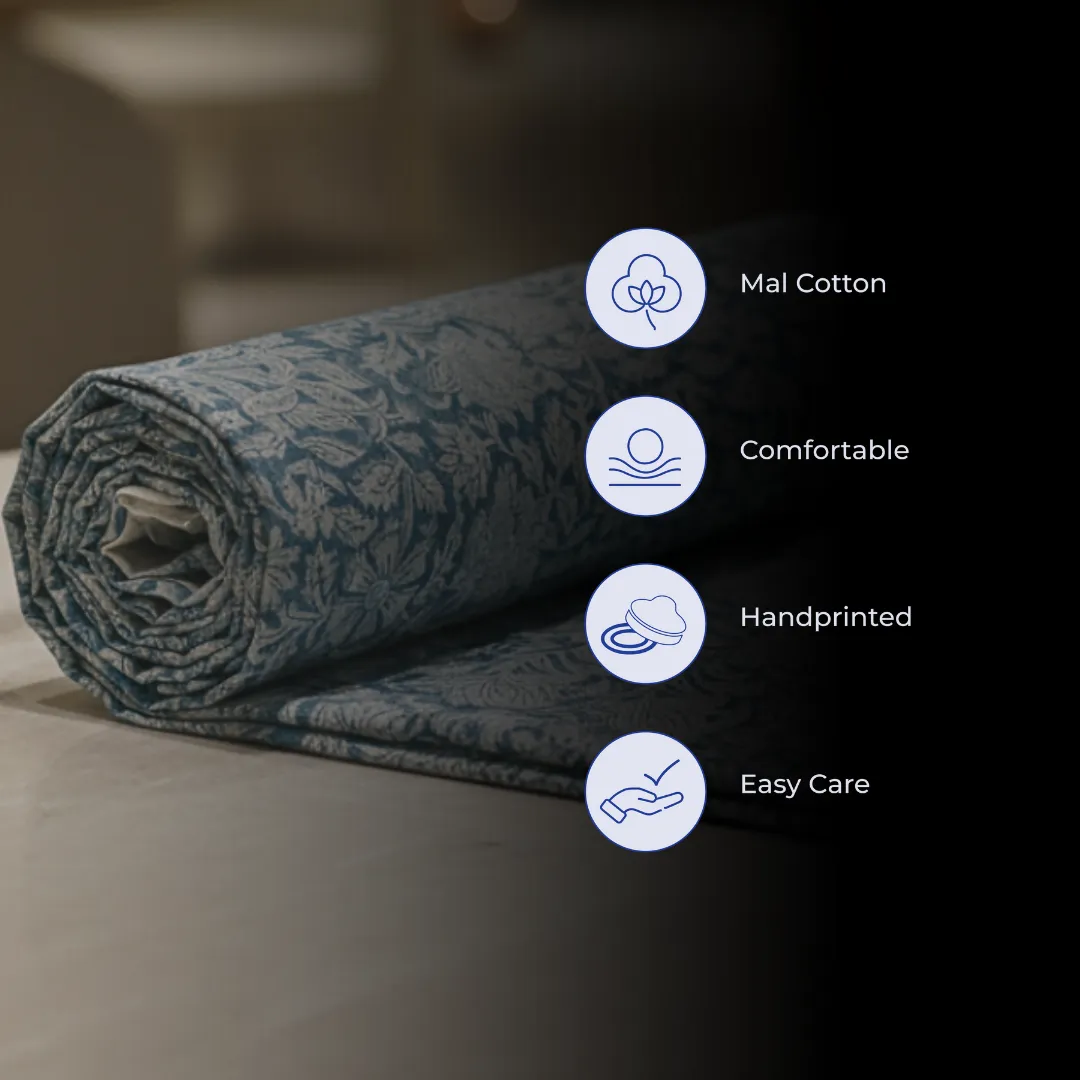 Single-Sided Hand Block Printed Mal Cotton Fabric – Blue Botanical | Sold Per Meter