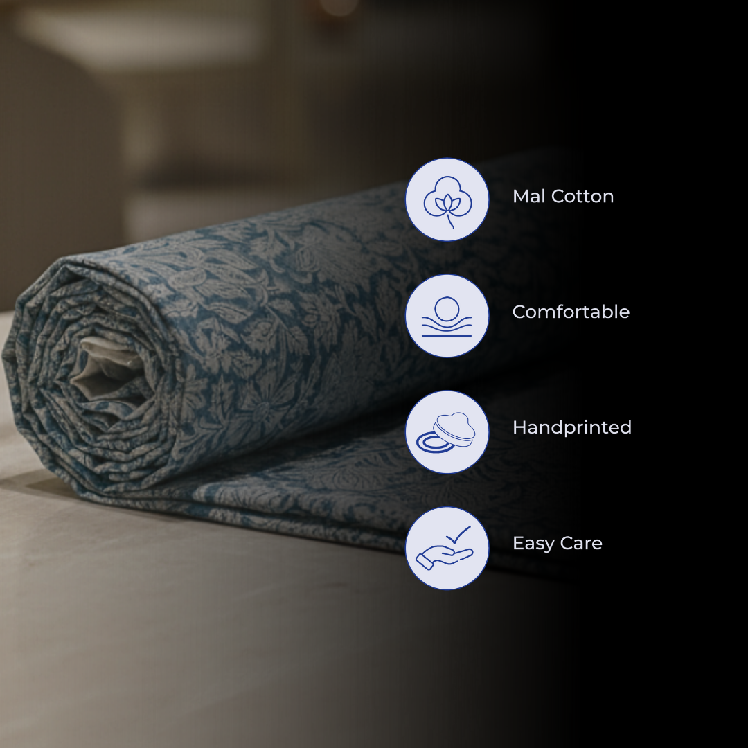 Single-Sided Block Printed Mal Cotton Fabric in Blue Botanical Pattern