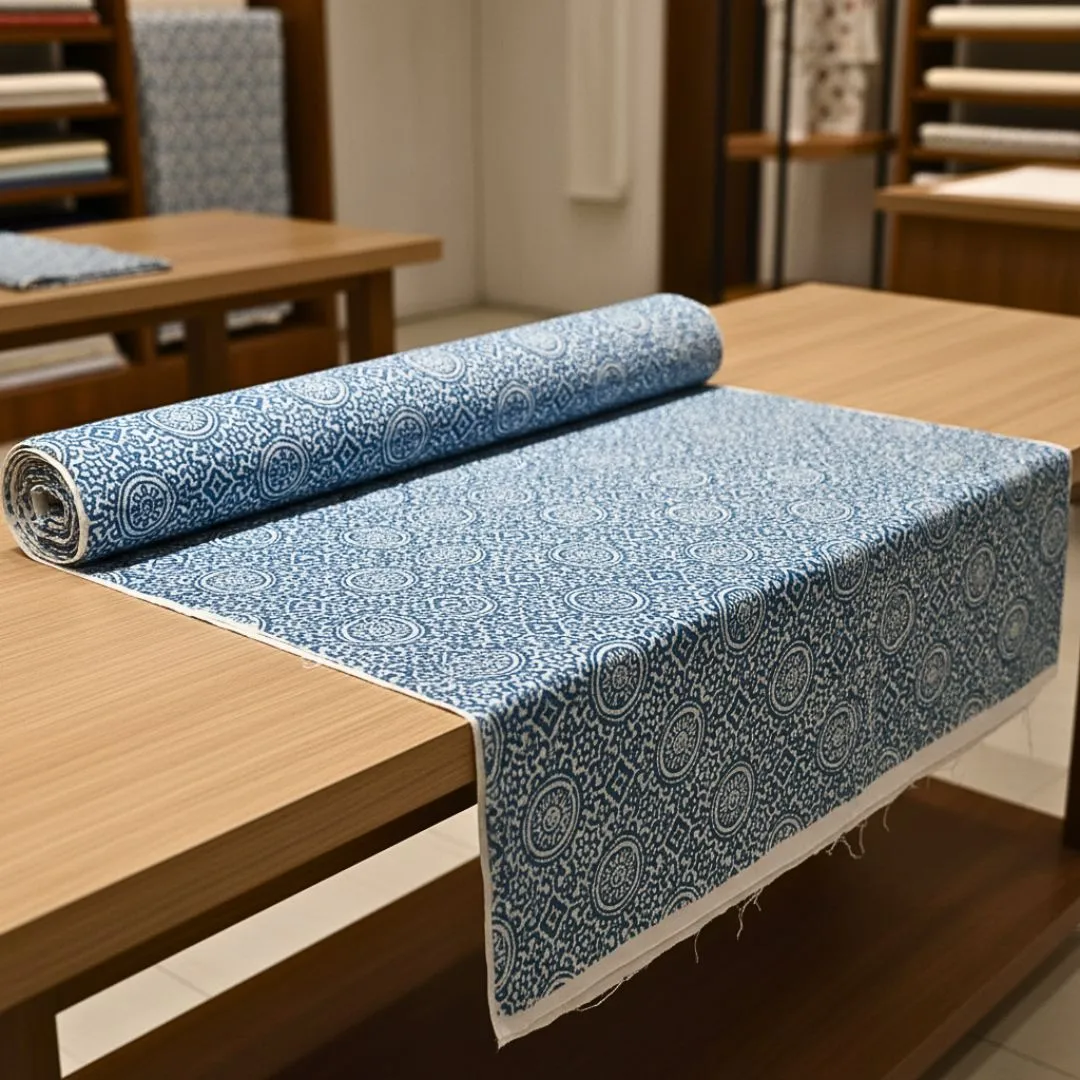 Single-Sided Hand Block Printed Mal Cotton Fabric – Soft Blue Pattern | Sold Per Meter