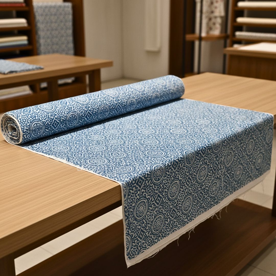 Single-Sided Block Printed Mal Cotton Fabric in Soft Blue Pattern