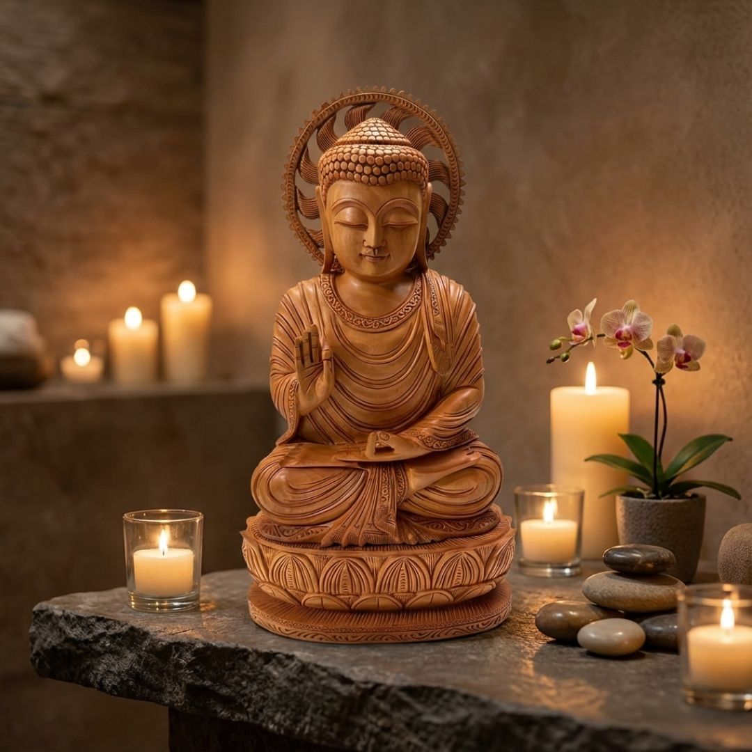 Lord Buddha Meditation Sandalwood Sculpture with Lotus Base Detailing