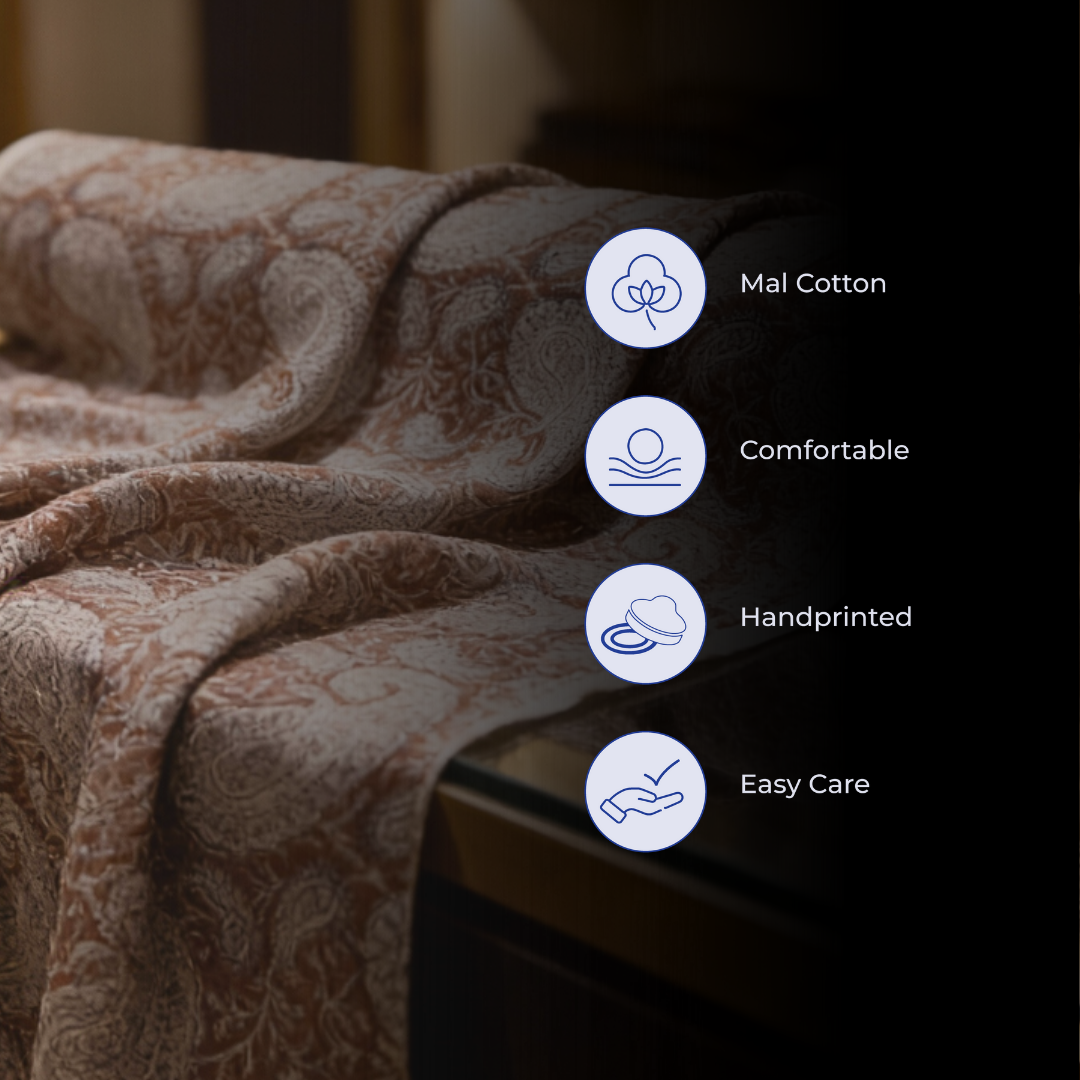 Single-Sided Block Printed Mal Cotton Fabric in Brown Paisley Pattern