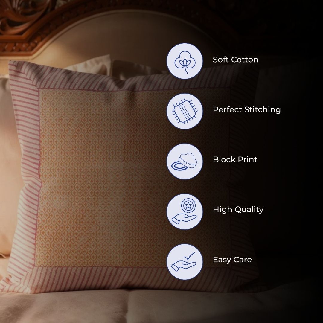 Block Printed Cotton Cushion Covers with Grid Pattern & Multicolour Border (Set of 2)