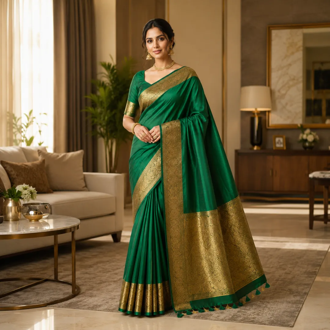 Handcrafted Dark Green Maslin Organza Saree with Golden Zari Border & Matching Blouse Piece – Free Size Elegance