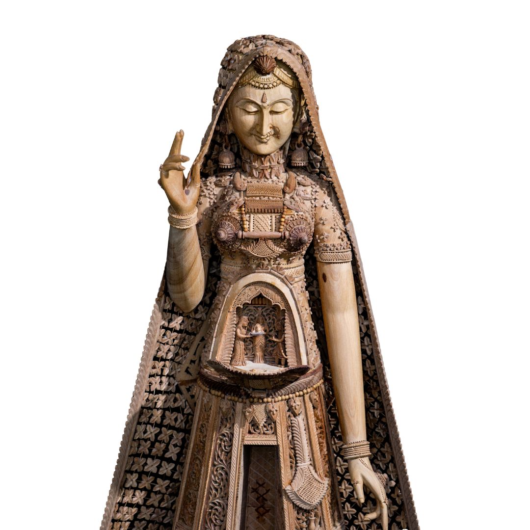 Pure Sandalwood Royal Lady Sculpture with Intricate Shrine Carving