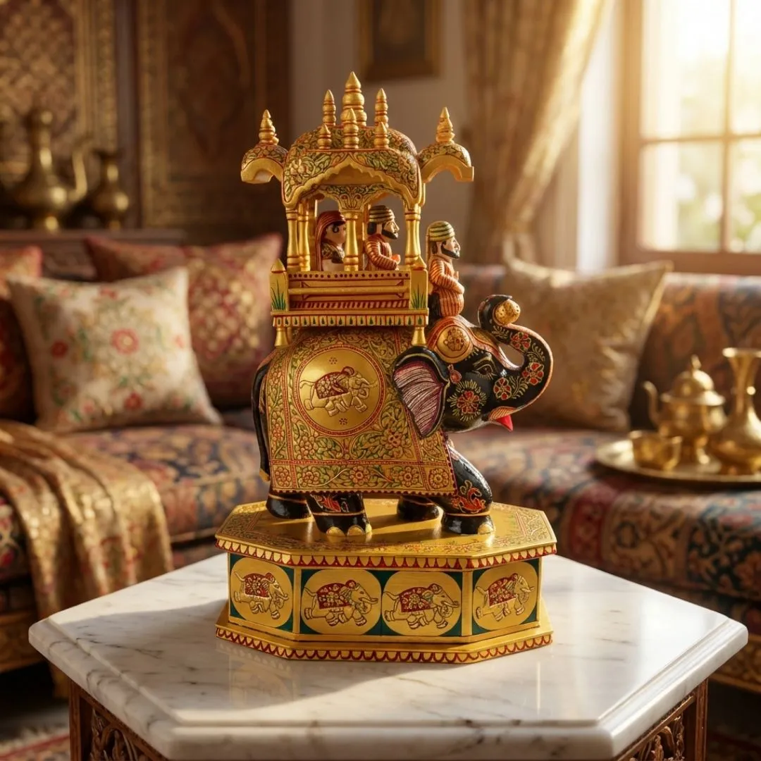 Golden Royal Elephant Palanquin Sculpture with Premium Rajasthani Howdah Detailing