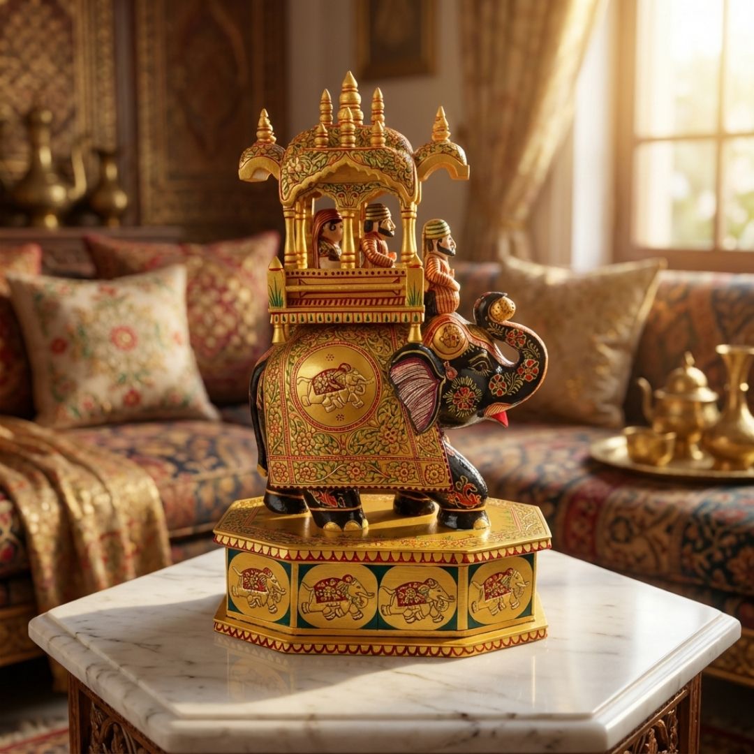 Golden Royal Elephant Palanquin Sculpture with Premium Rajasthani Howdah Detailing