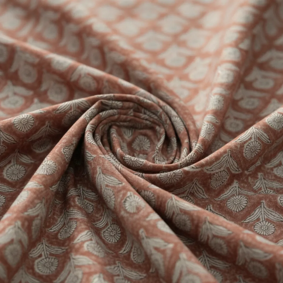 Single-Sided Hand Block Printed Mal Cotton Fabric – Brown Geometric Lattice | Sold Per Meter
