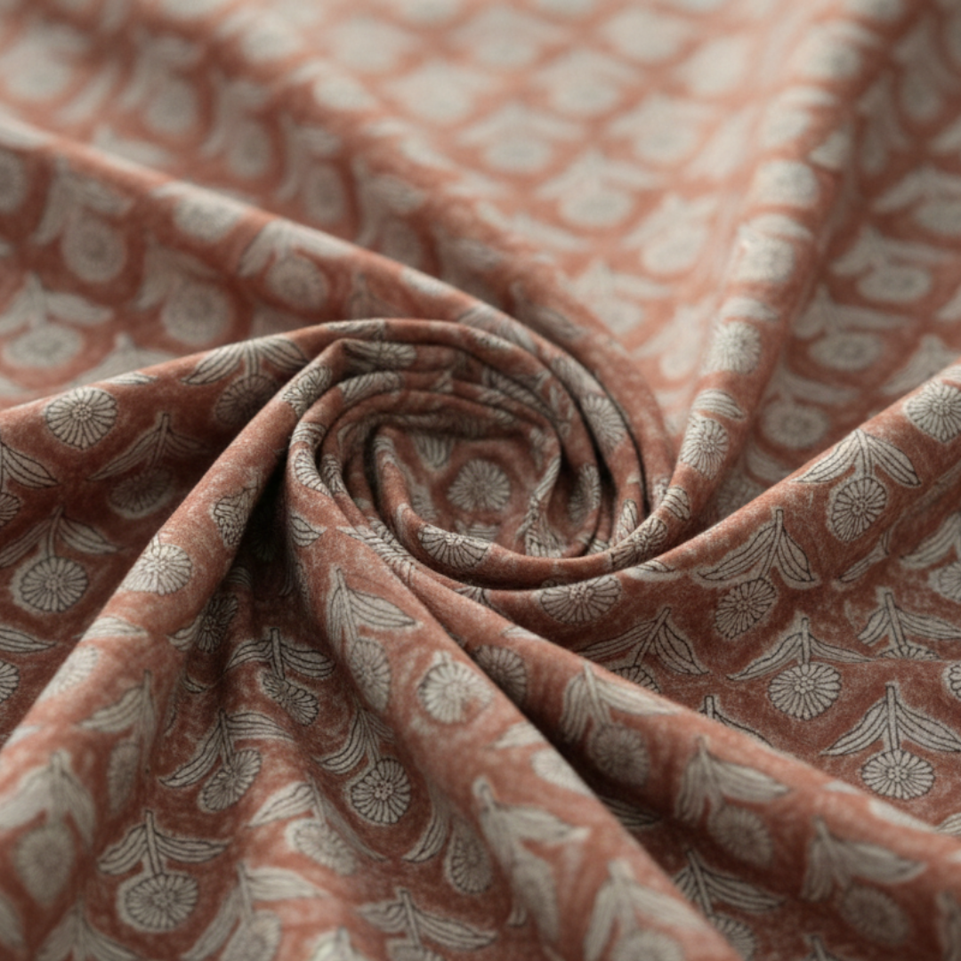 Single-Sided Block Printed Mal Cotton Fabric in Brown Geometric Lattice Pattern