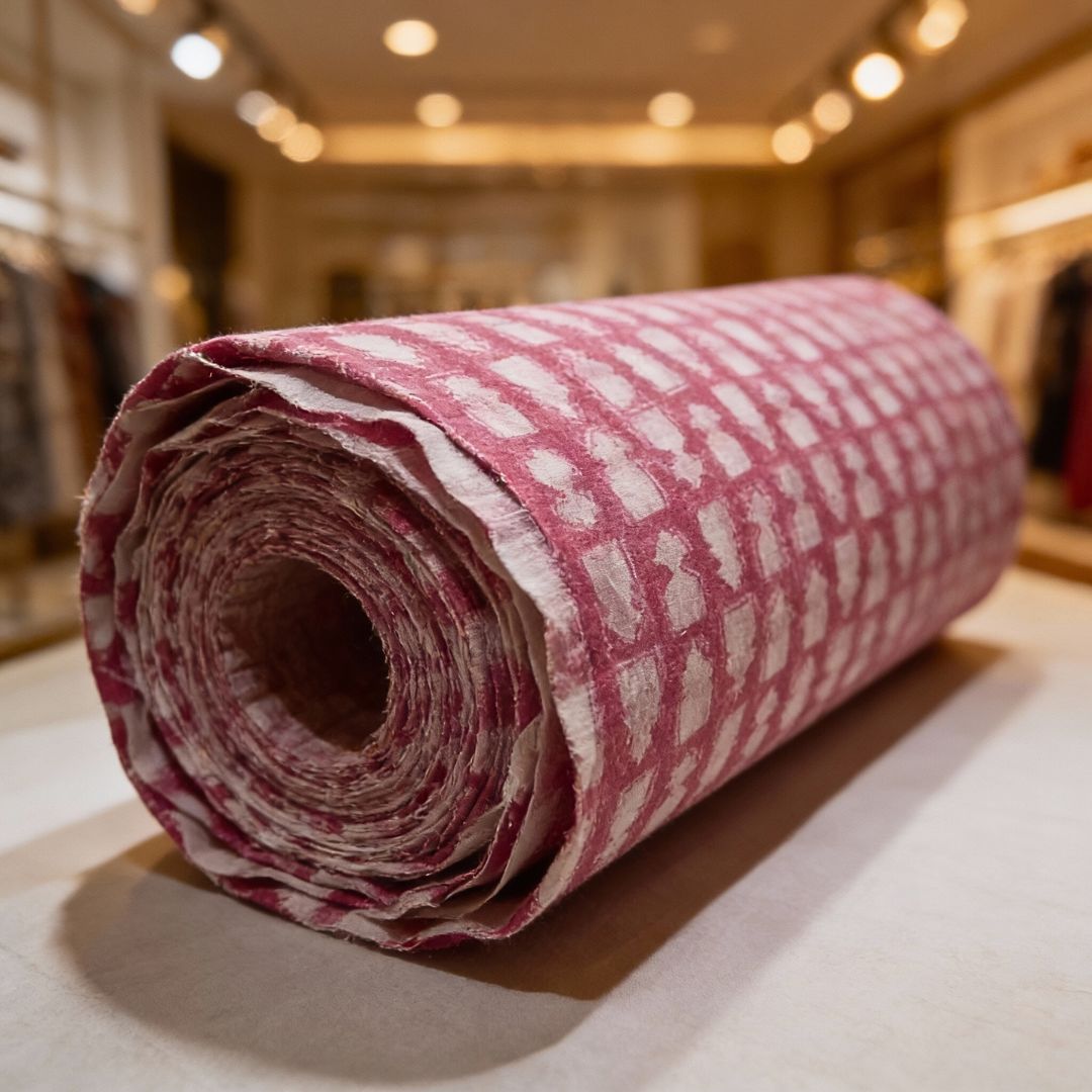 Single-Sided Block Printed Mal Cotton Fabric in Red Geometric Pattern