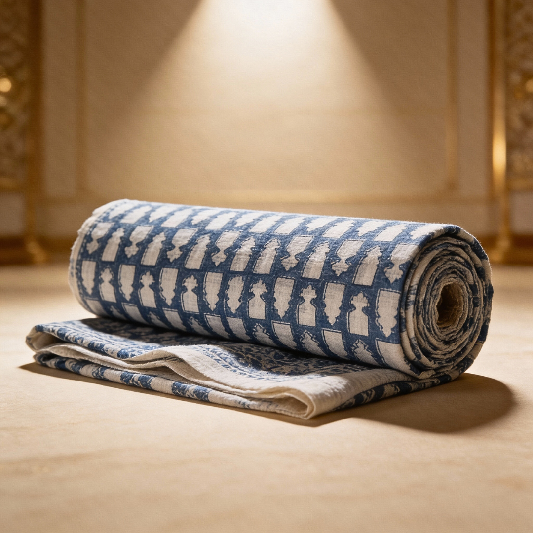 Single-Sided Block Printed Mal Cotton Fabric in Blue Geometric Pattern