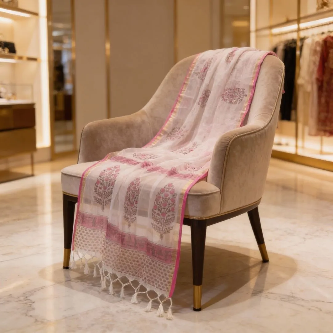 Kota Doriya Dupatta with Hand Block Printed Floral Motifs