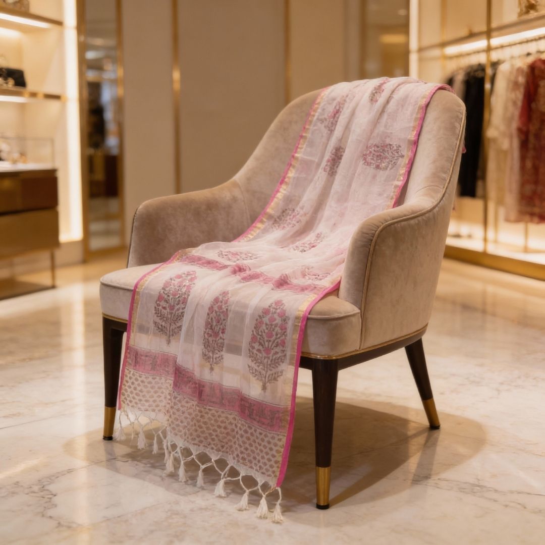 Kota Doriya Dupatta with Hand Block Printed Floral Motifs