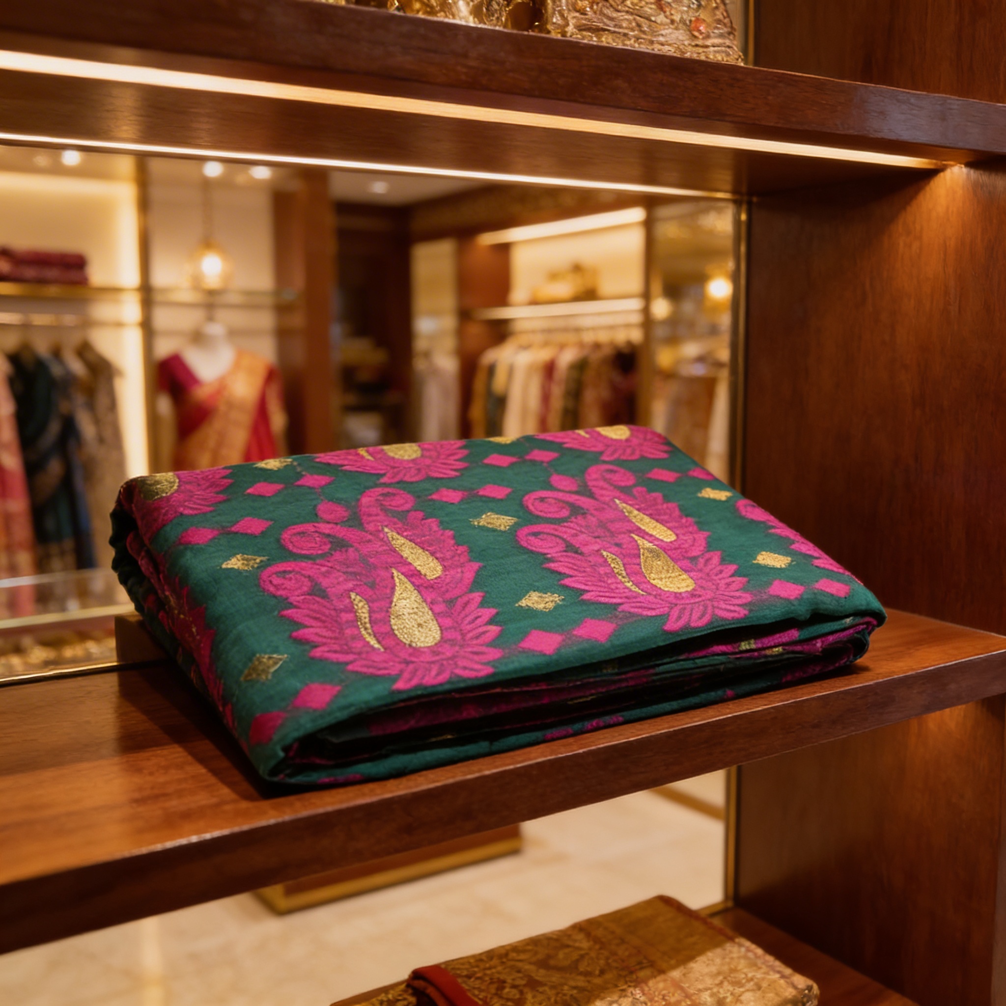 Dhakai Jamdani Saree Green Pink Design