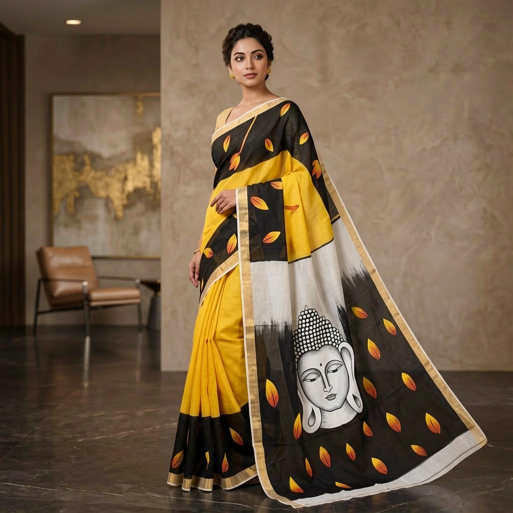 Kerala Hand-Painted Cotton Saree with Buddha Print & Gold Border (Yellow, Black & White) – Includes Blouse Piece