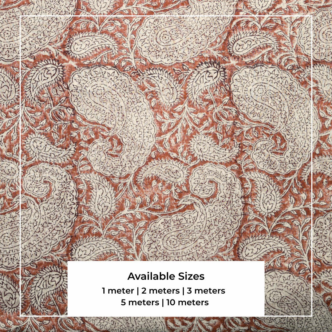 Single-Sided Block Printed Mal Cotton Fabric in Brown Paisley Pattern