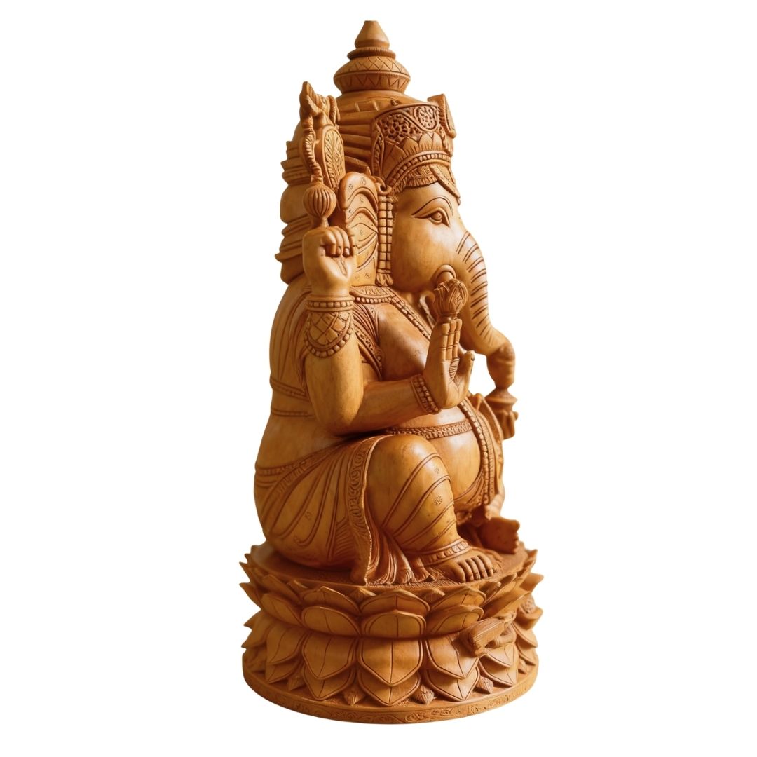 Handcrafted Wooden Lord Ganesha Sculpture with Heavy Detailed Carving