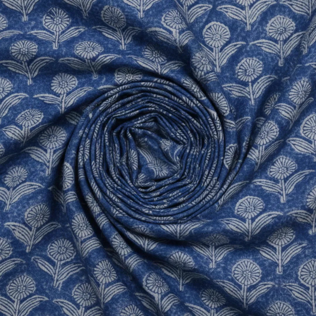 Single-Sided Hand Block Printed Mal Cotton Fabric – Blue Lattice Floral | Sold Per Meter