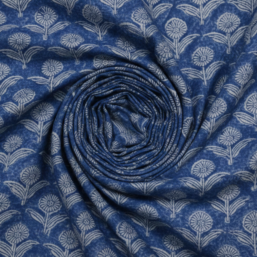 Single-Sided Block Printed Mal Cotton Fabric in Blue Lattice Floral Pattern