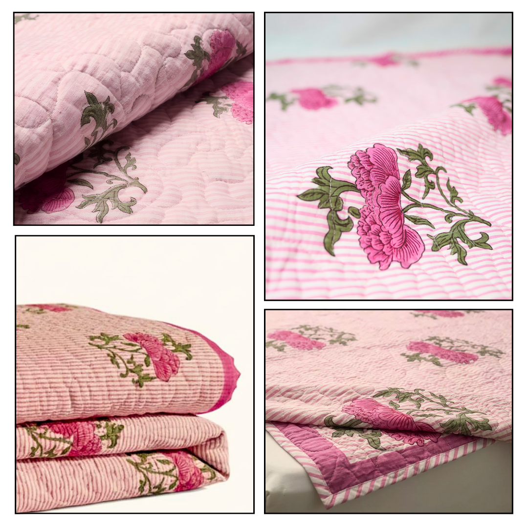 Single Double-Sided Block Printed Comforter in Soft Pink Floral Pattern