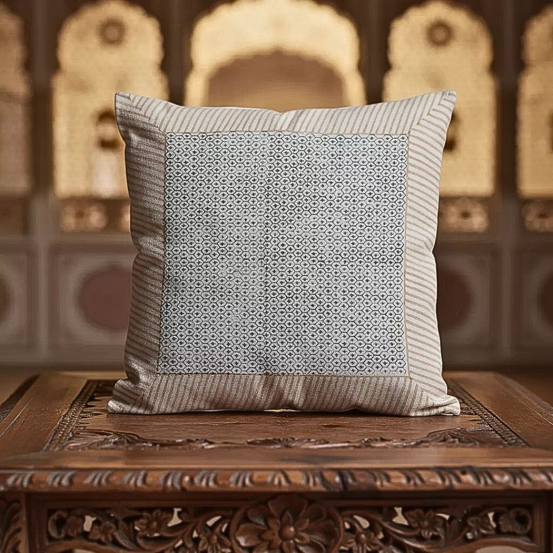 Block Printed South Cotton Cushion Cover with Minimal Border Design
