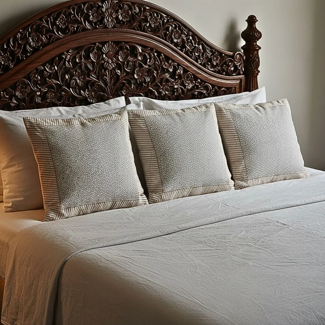 Block Printed Cotton Cushion Covers with Minimal Border Design (Set of 2)
