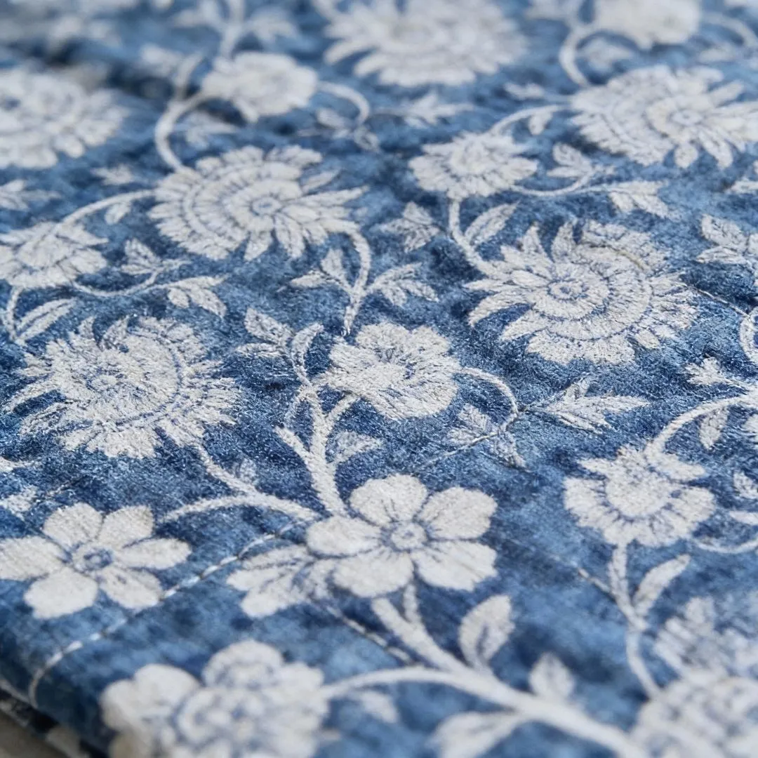 Single-Sided Hand Block Printed Mal Cotton Fabric – Blue Floral Motif | Sold Per Meter