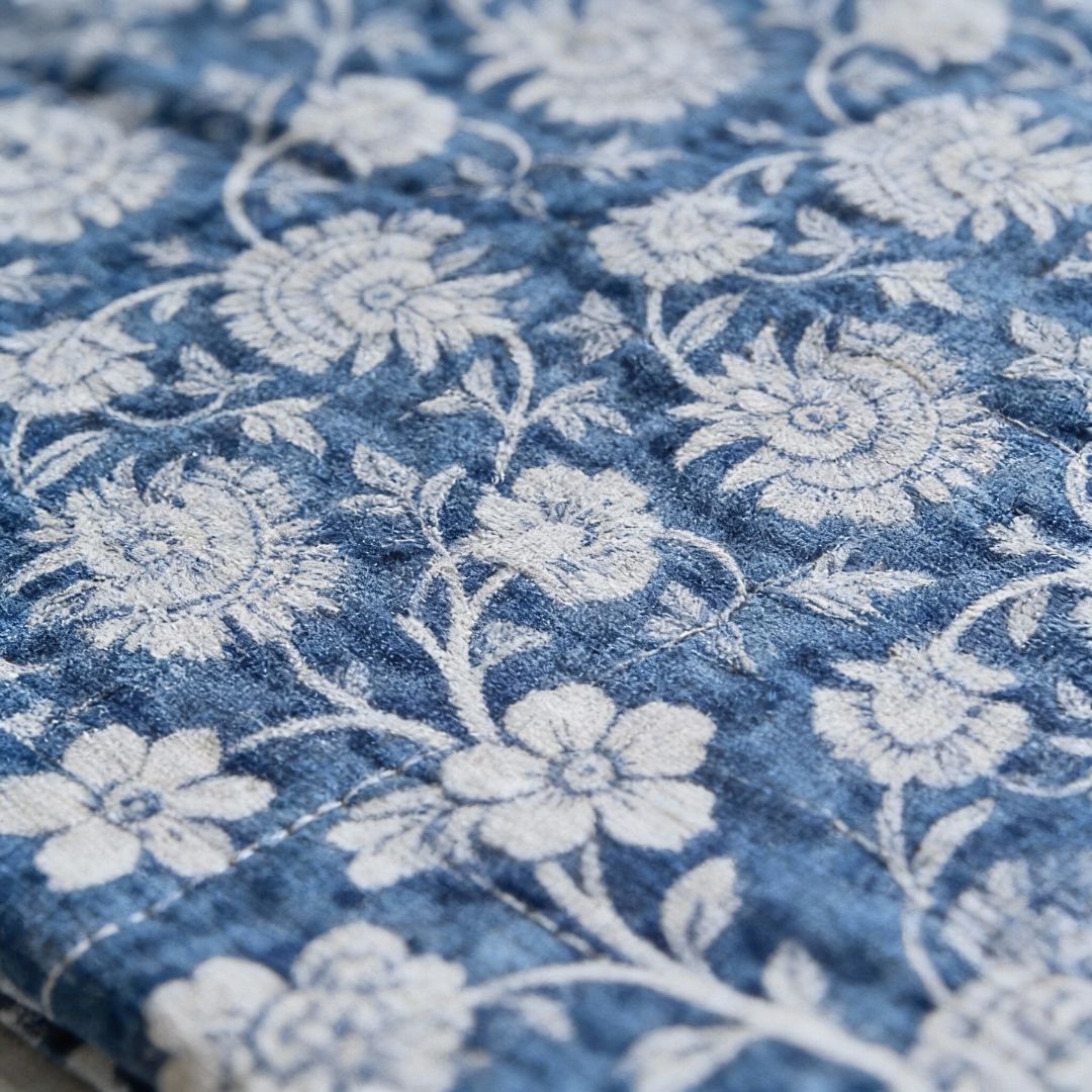 Single-Sided Block Printed Mal Cotton Fabric in Blue Floral Motif