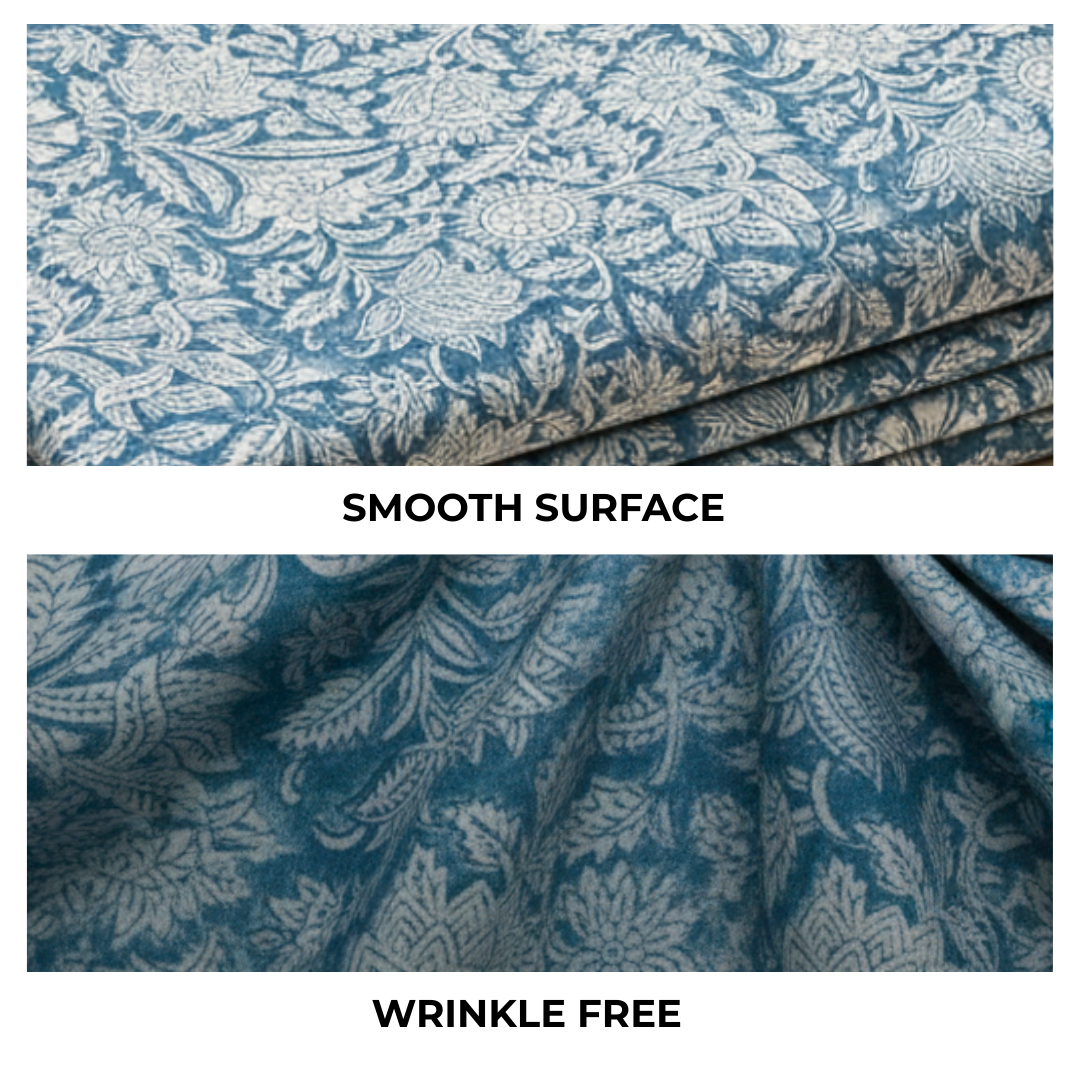 Single-Sided Block Printed Mal Cotton Fabric in Blue Botanical Pattern