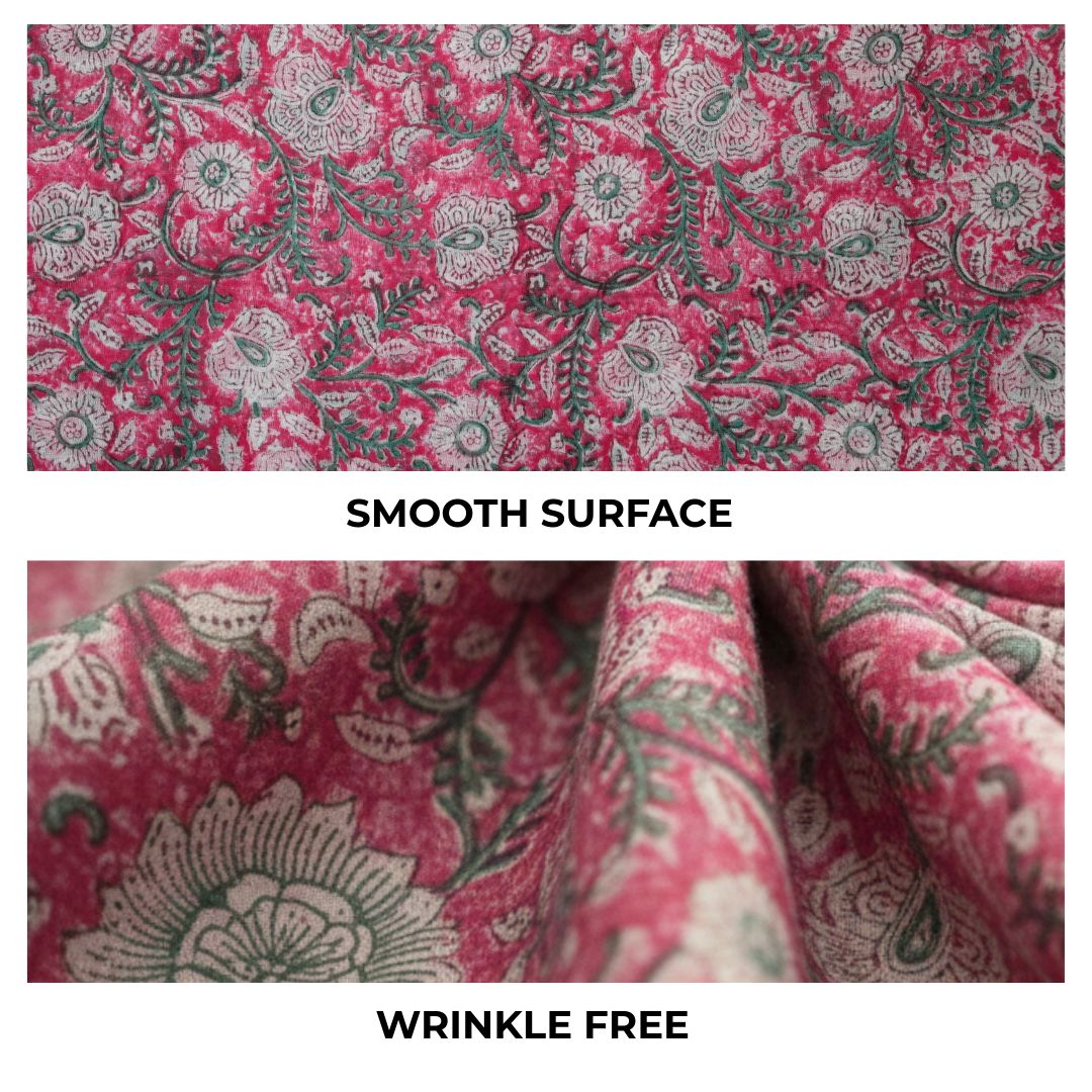 Single-Sided Block Printed Cotton Fabric in Red Floral Pattern