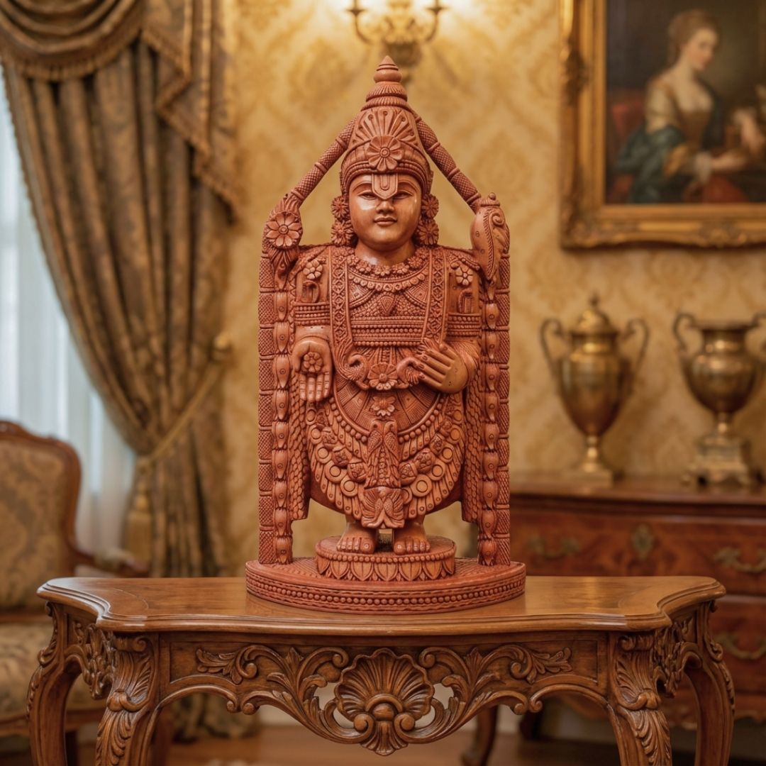 Lord Venkateswara Balaji Wooden Sculpture in Traditional South Indian Style