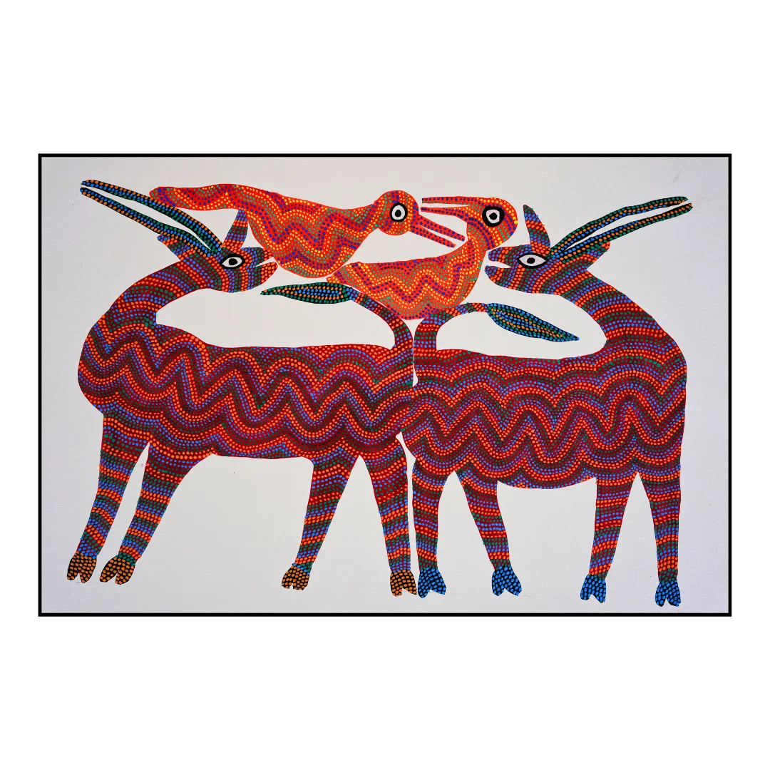 Two Swamp Deer and Birds