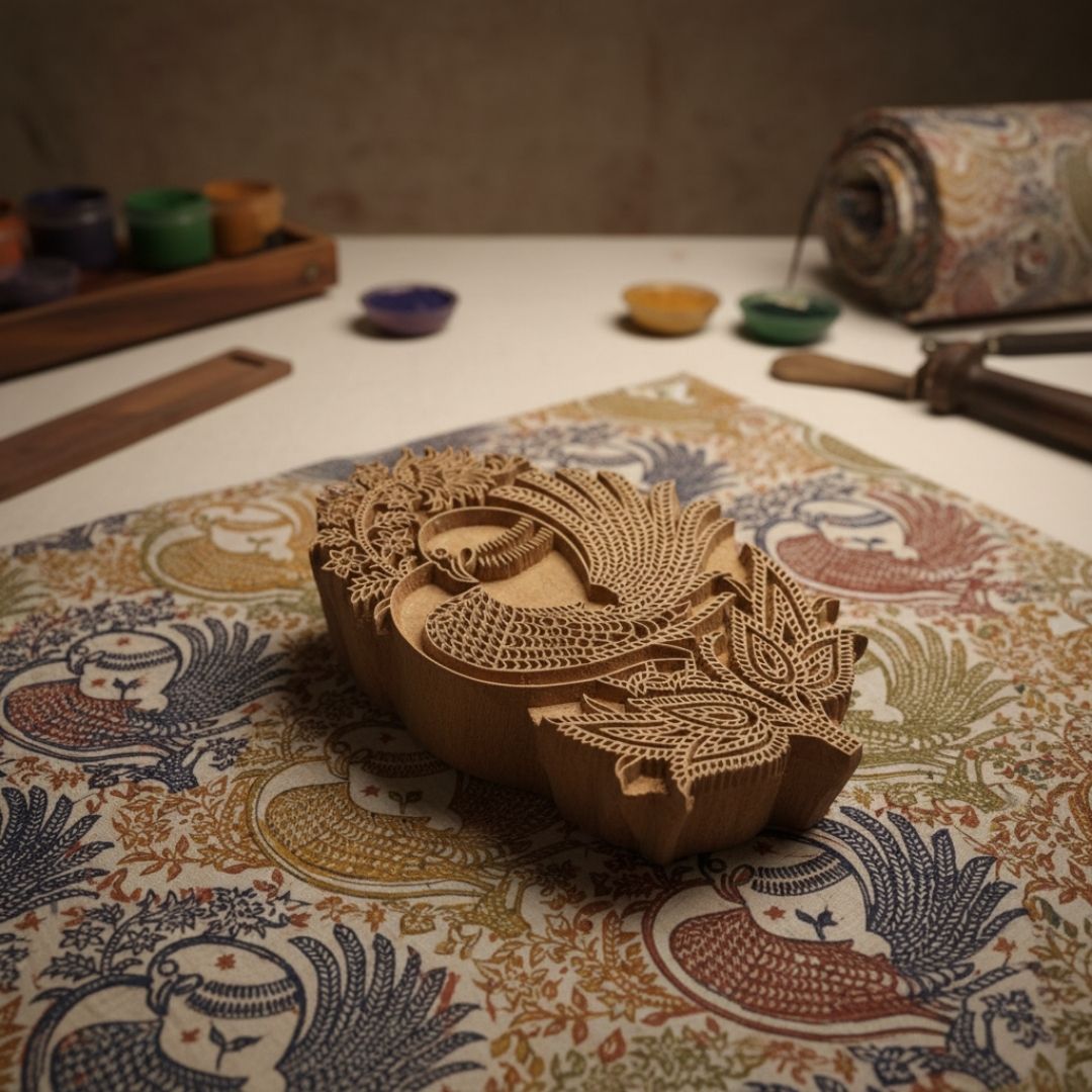 Intricately Carved Roheda Wood Peacock Printing Block