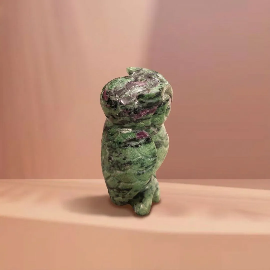 Handcrafted Zoisite Owl Sculpture in Natural Stone