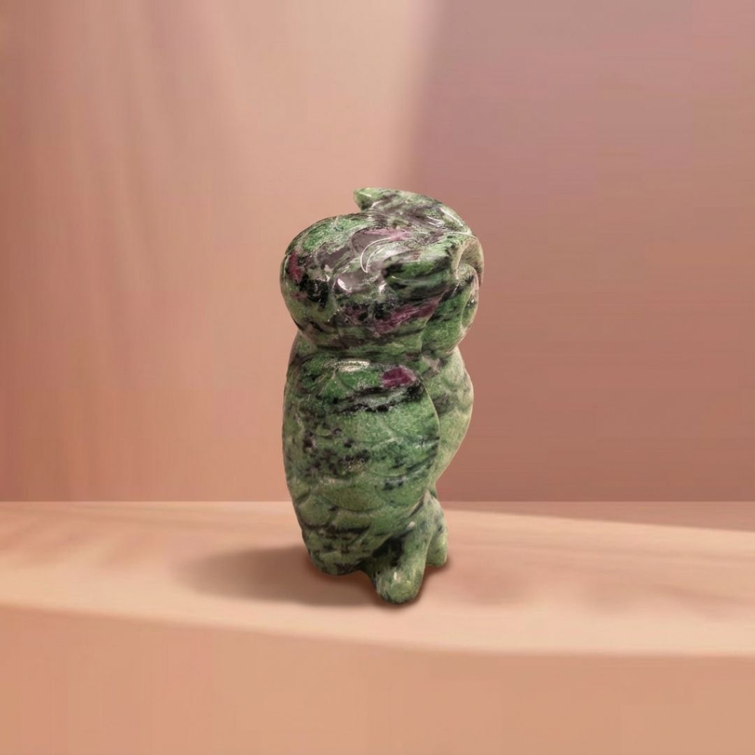 Handcrafted Zoisite Owl Sculpture in Natural Stone